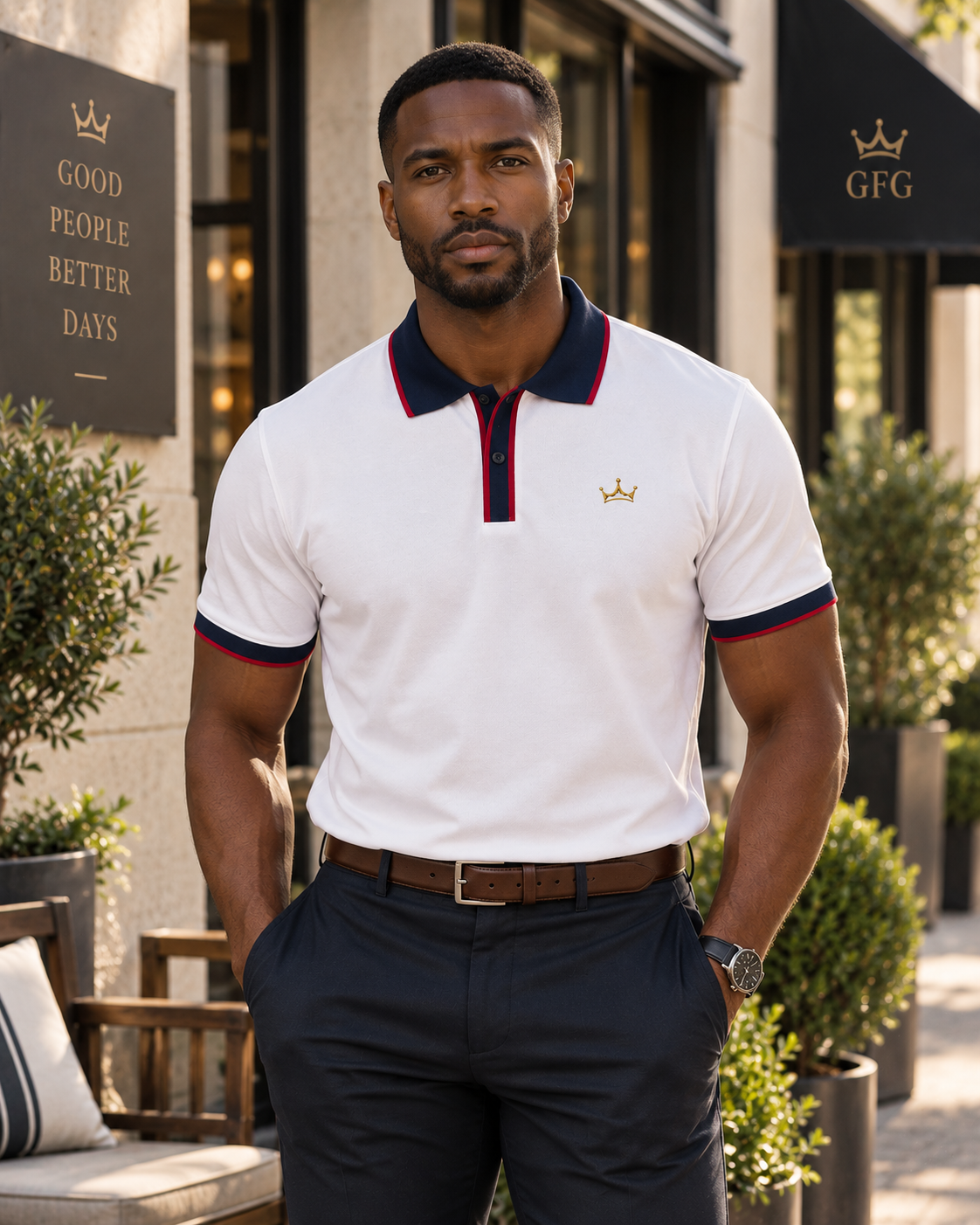 Man wearing a white Crown polo shirt with navy and red trim outside the GFG storefront