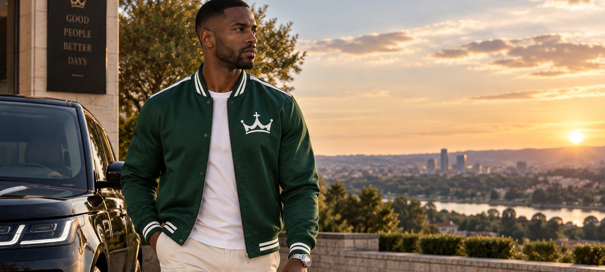 Man in green Crown Bomber Jacket beside a car at sunset outside the GFG clubhouse